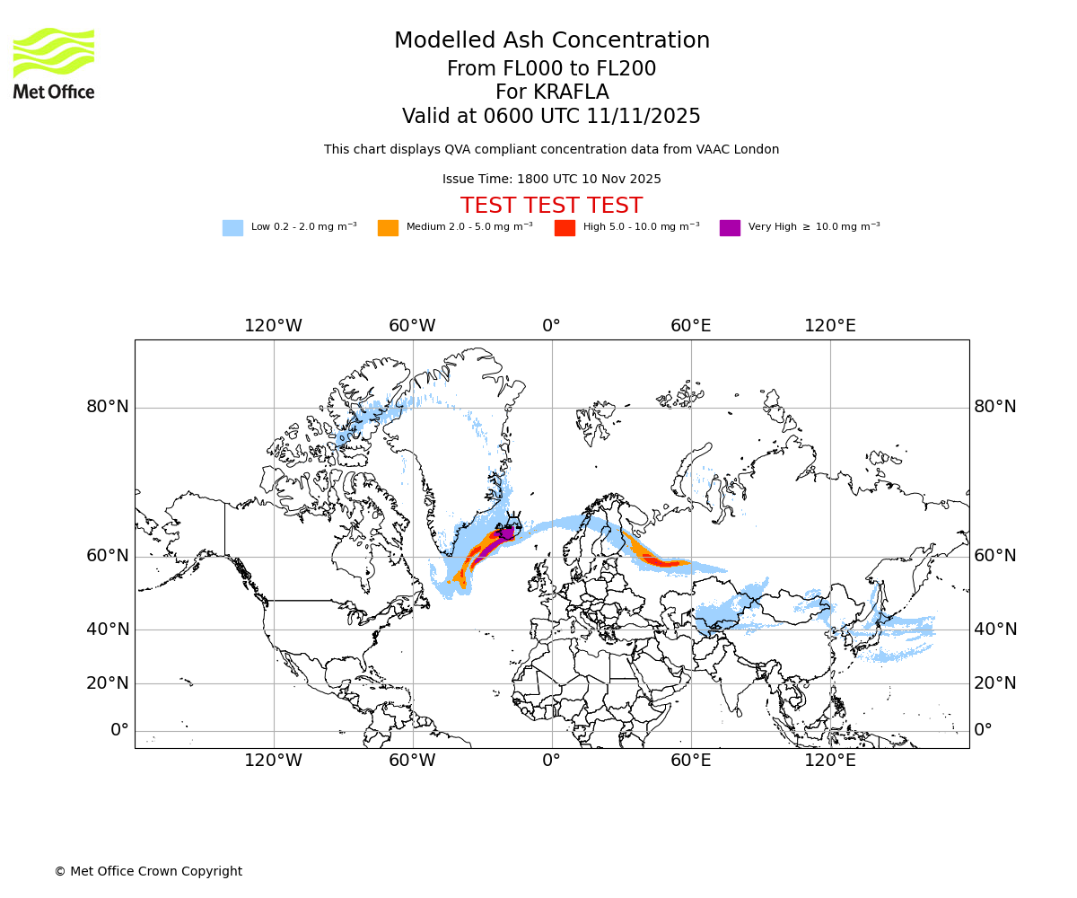 Modelled ash concentration from 000 to 200 for KRAFLA. Valid at 0600 UTC 11/11/2025