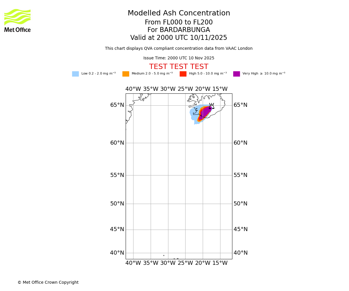 Modelled ash concentration from 000 to 200 for BARDARBUNGA. Valid at 2000 UTC 10/11/2025