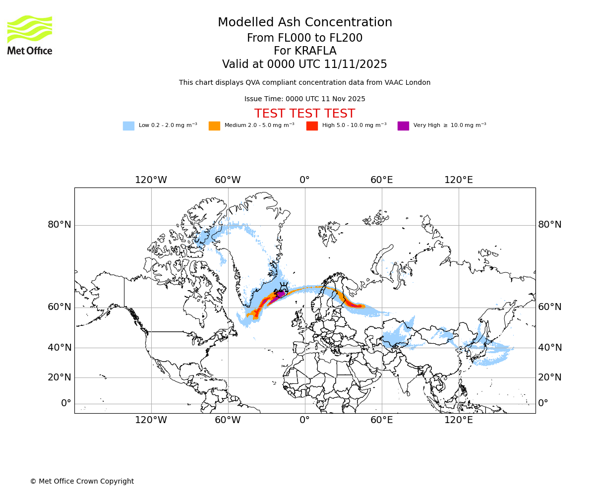 Modelled ash concentration from 000 to 200 for KRAFLA. Valid at 0000 UTC 11/11/2025