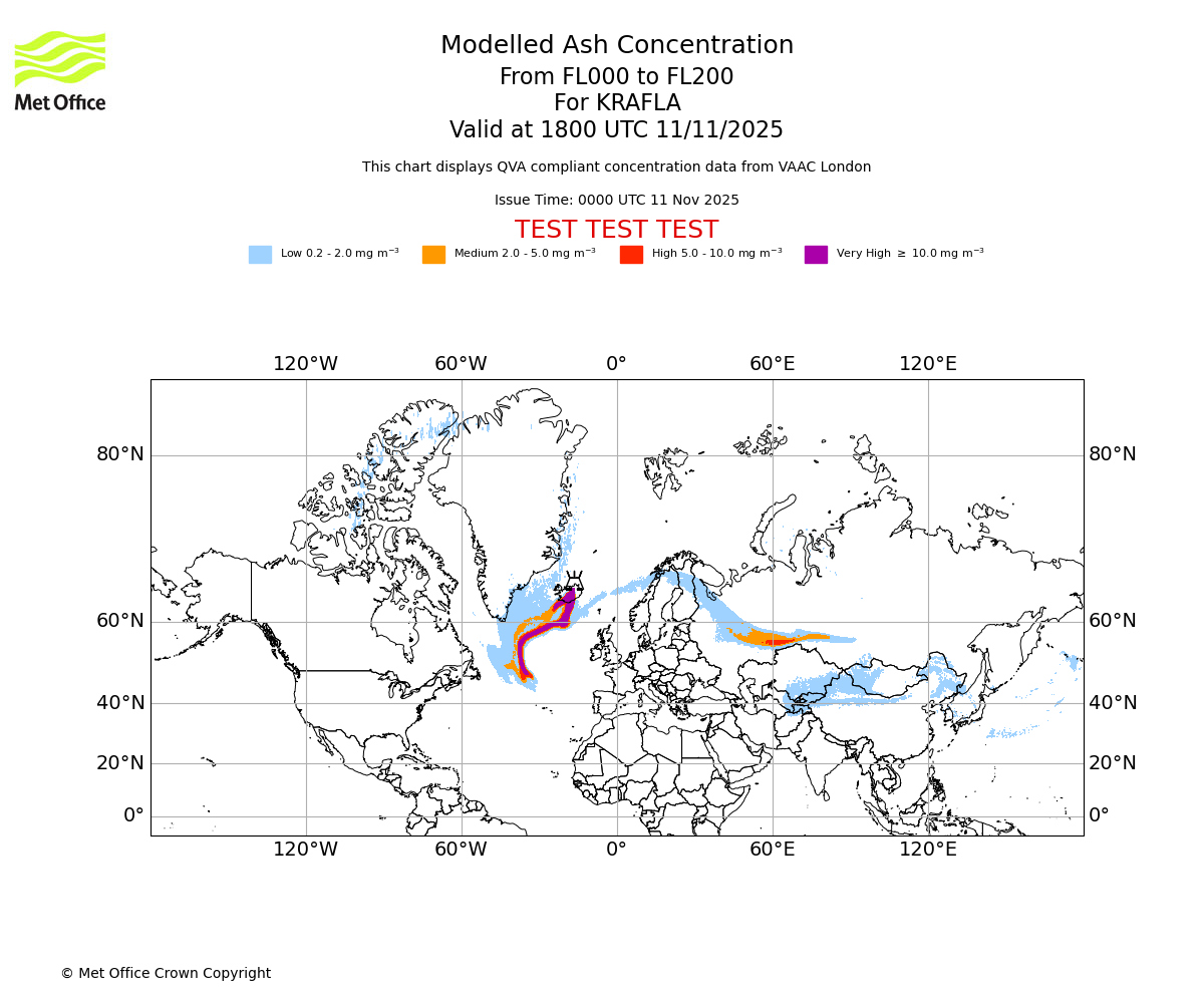 Modelled ash concentration from 000 to 200 for KRAFLA. Valid at 1800 UTC 11/11/2025