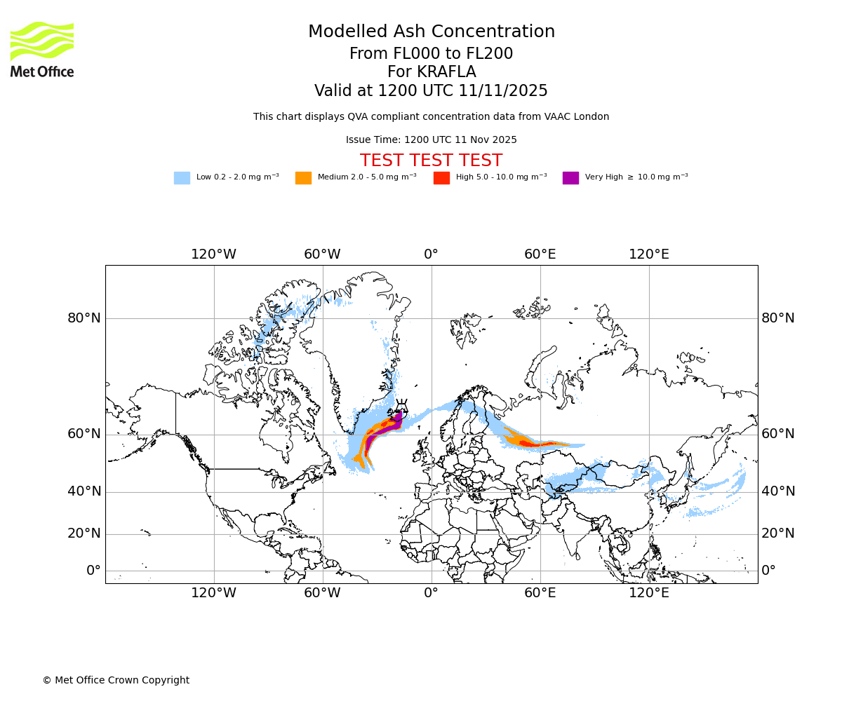 Modelled ash concentration from 000 to 200 for KRAFLA. Valid at 1200 UTC 11/11/2025