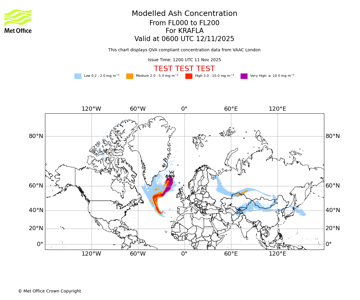 Modelled ash concentration from 000 to 200 for KRAFLA. Valid at 0600 UTC 12/11/2025