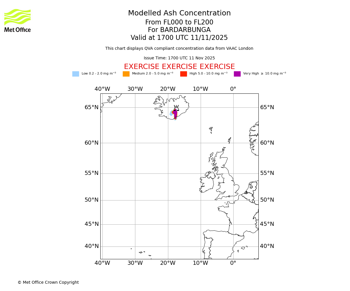 Modelled ash concentration from 000 to 200 for BARDARBUNGA. Valid at 1700 UTC 11/11/2025