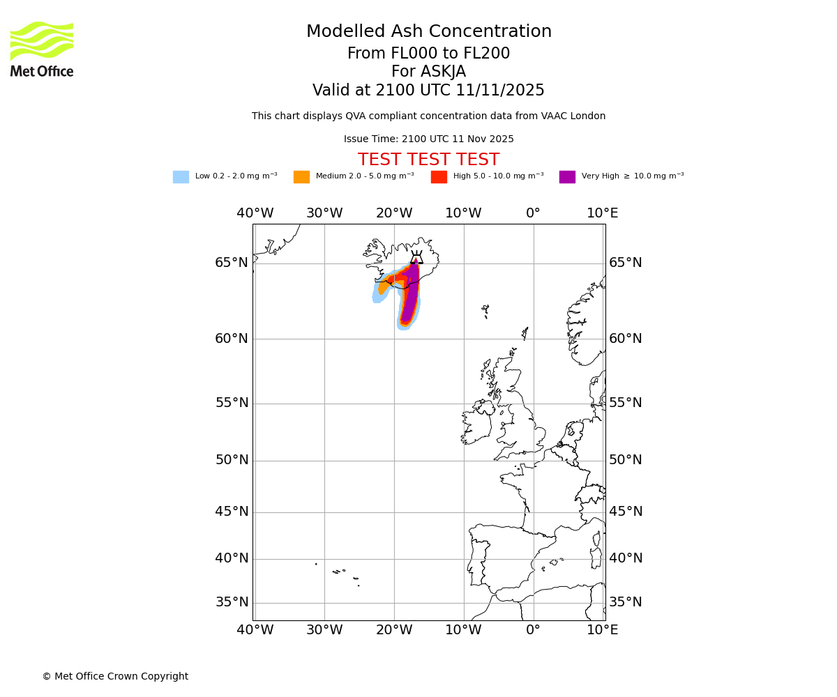 Modelled ash concentration from 000 to 200 for ASKJA. Valid at 2100 UTC 11/11/2025