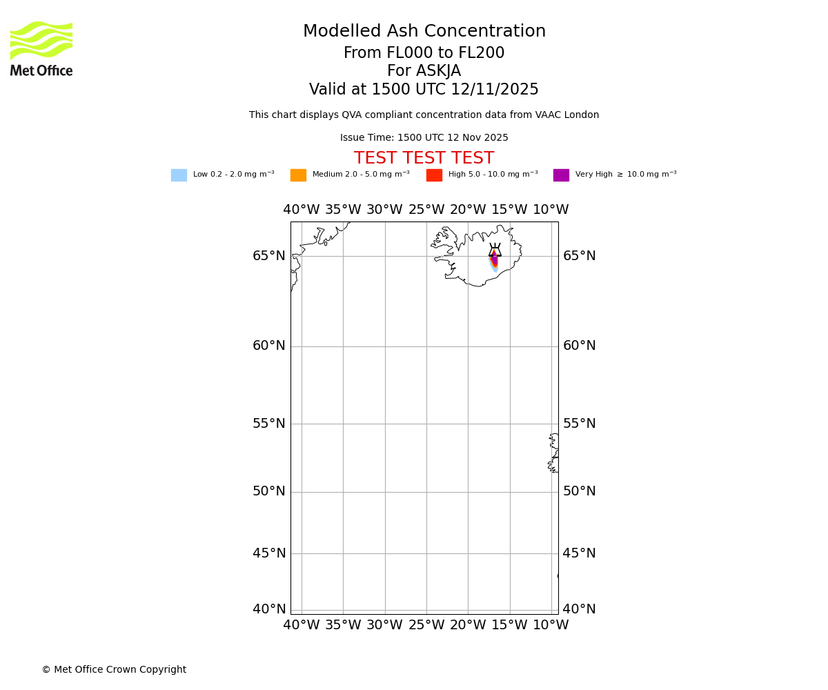Modelled ash concentration from 000 to 200 for ASKJA. Valid at 1500 UTC 12/11/2025