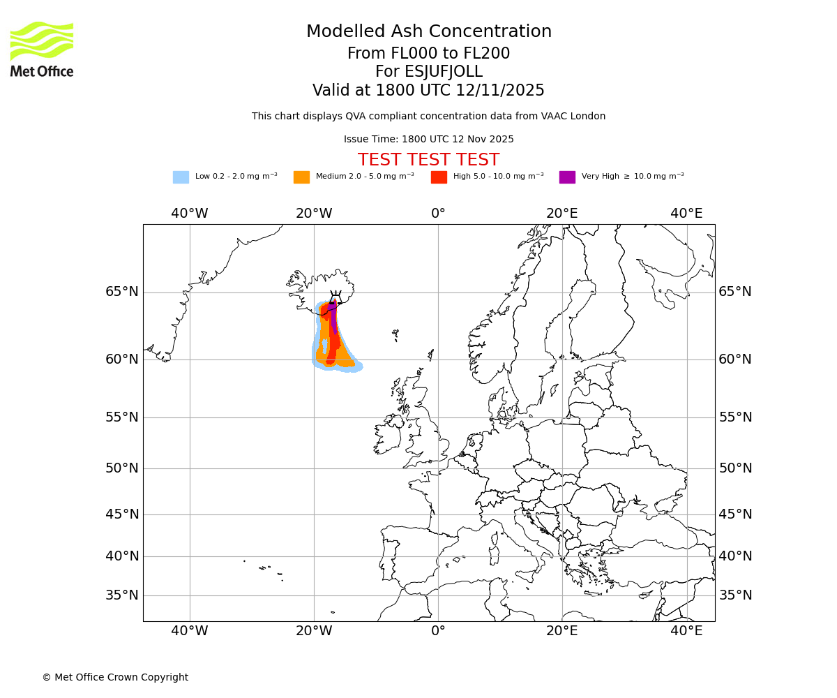 Modelled ash concentration from 000 to 200 for ESJUFJOLL. Valid at 1800 UTC 12/11/2025