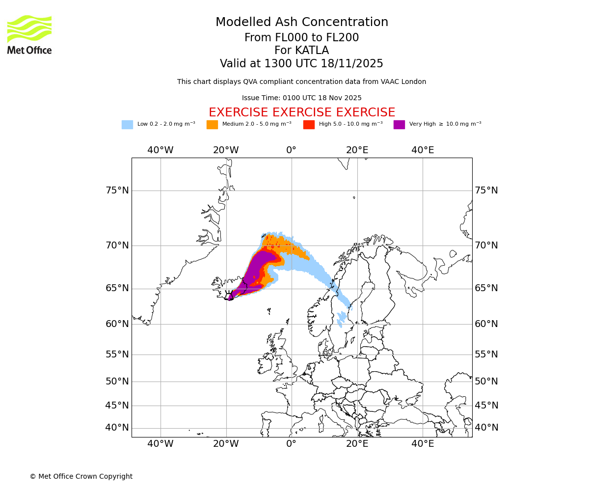 Modelled ash concentration from 000 to 200 for KATLA. Valid at 1300 UTC 18/11/2025