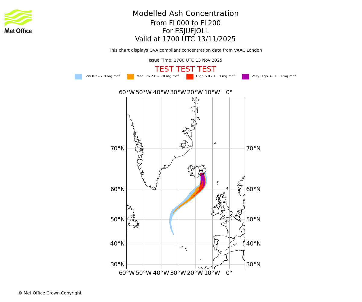 Modelled ash concentration from 000 to 200 for ESJUFJOLL. Valid at 1700 UTC 13/11/2025
