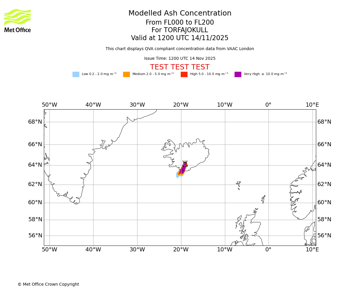 Modelled ash concentration from 000 to 200 for TORFAJOKULL. Valid at 1200 UTC 14/11/2025