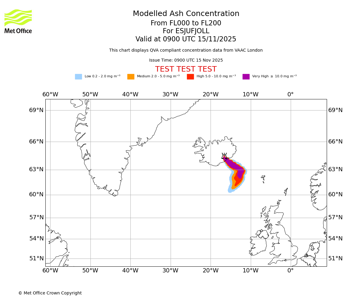Modelled ash concentration from 000 to 200 for ESJUFJOLL. Valid at 0900 UTC 15/11/2025