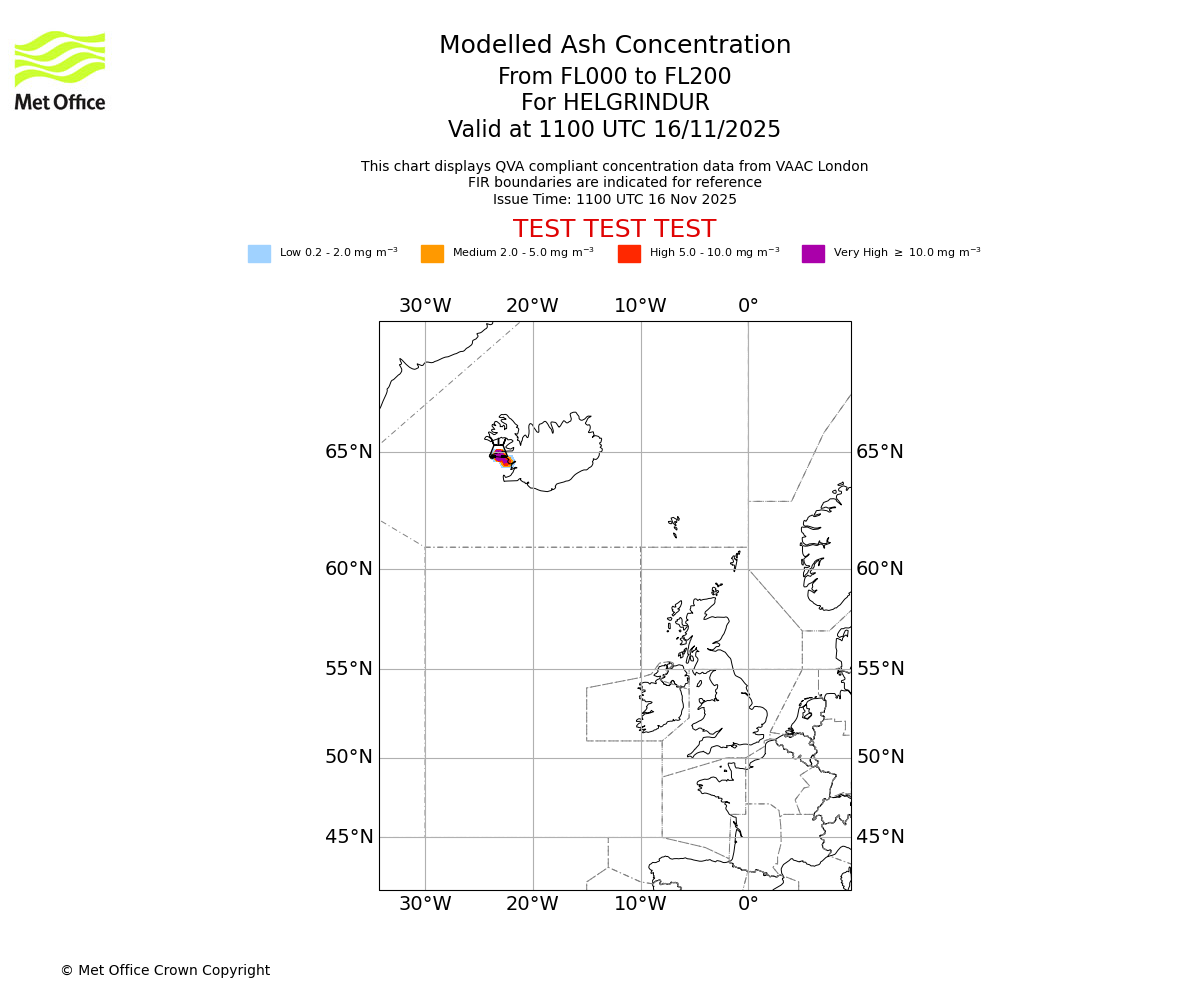 Modelled ash concentration from 000 to 200 for HELGRINDUR. Valid at 1100 UTC 16/11/2025