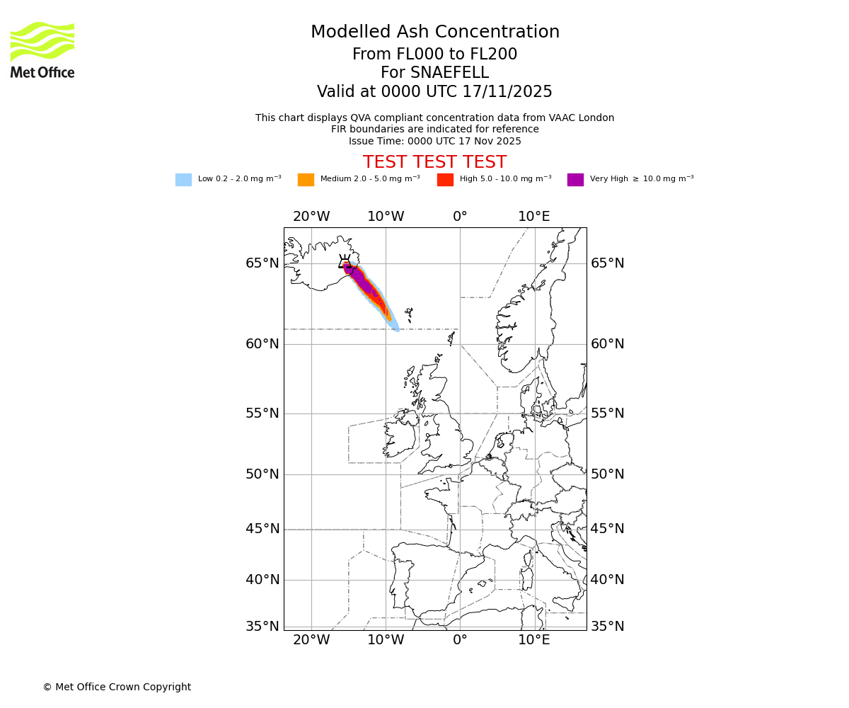 Modelled ash concentration from 000 to 200 for SNAEFELL. Valid at 0000 UTC 17/11/2025