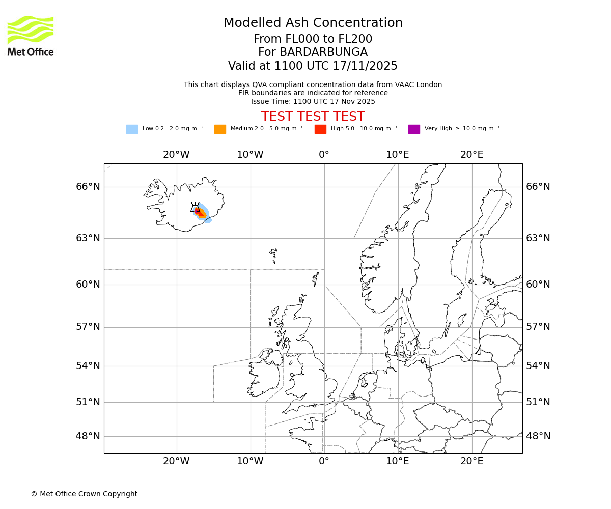 Modelled ash concentration from 000 to 200 for BARDARBUNGA. Valid at 1100 UTC 17/11/2025