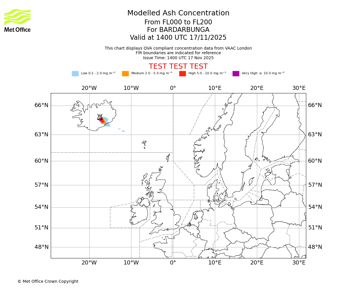 Modelled ash concentration from 000 to 200 for BARDARBUNGA. Valid at 1400 UTC 17/11/2025