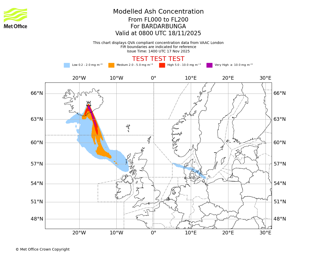 Modelled ash concentration from 000 to 200 for BARDARBUNGA. Valid at 0800 UTC 18/11/2025