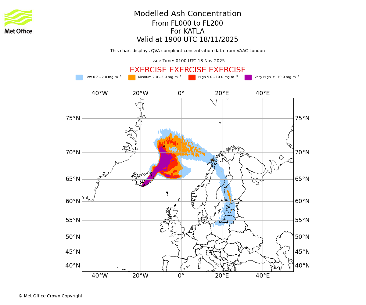 Modelled ash concentration from 000 to 200 for KATLA. Valid at 1900 UTC 18/11/2025