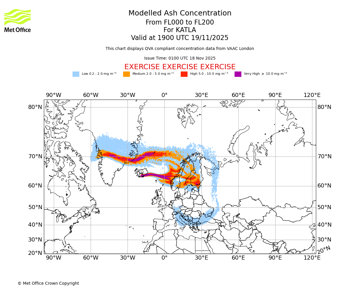 Modelled ash concentration from 000 to 200 for KATLA. Valid at 1900 UTC 19/11/2025