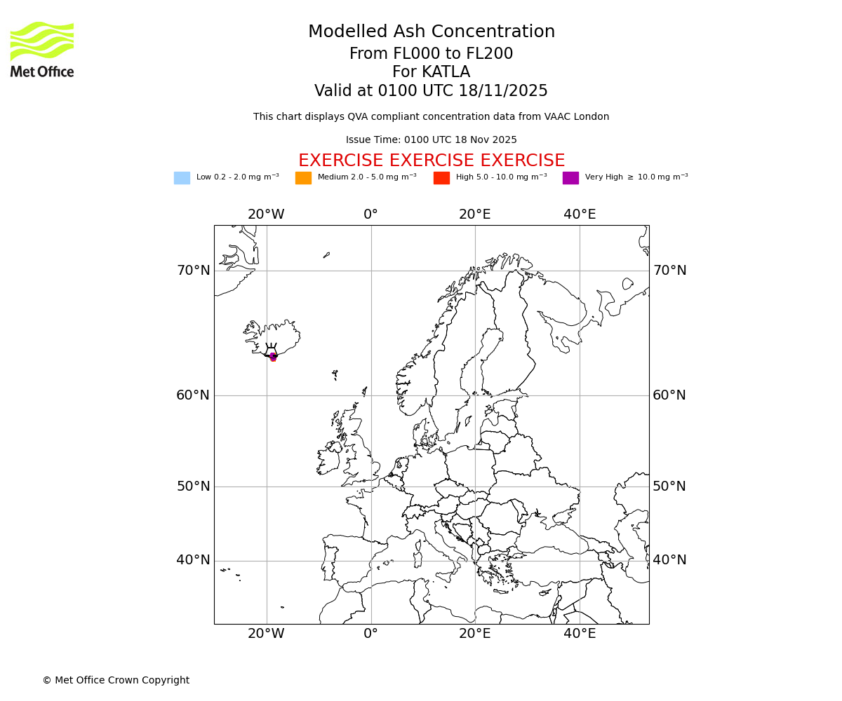 Modelled ash concentration from 000 to 200 for KATLA. Valid at 0100 UTC 18/11/2025