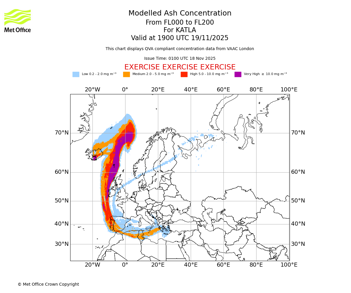 Modelled ash concentration from 000 to 200 for KATLA. Valid at 1900 UTC 19/11/2025