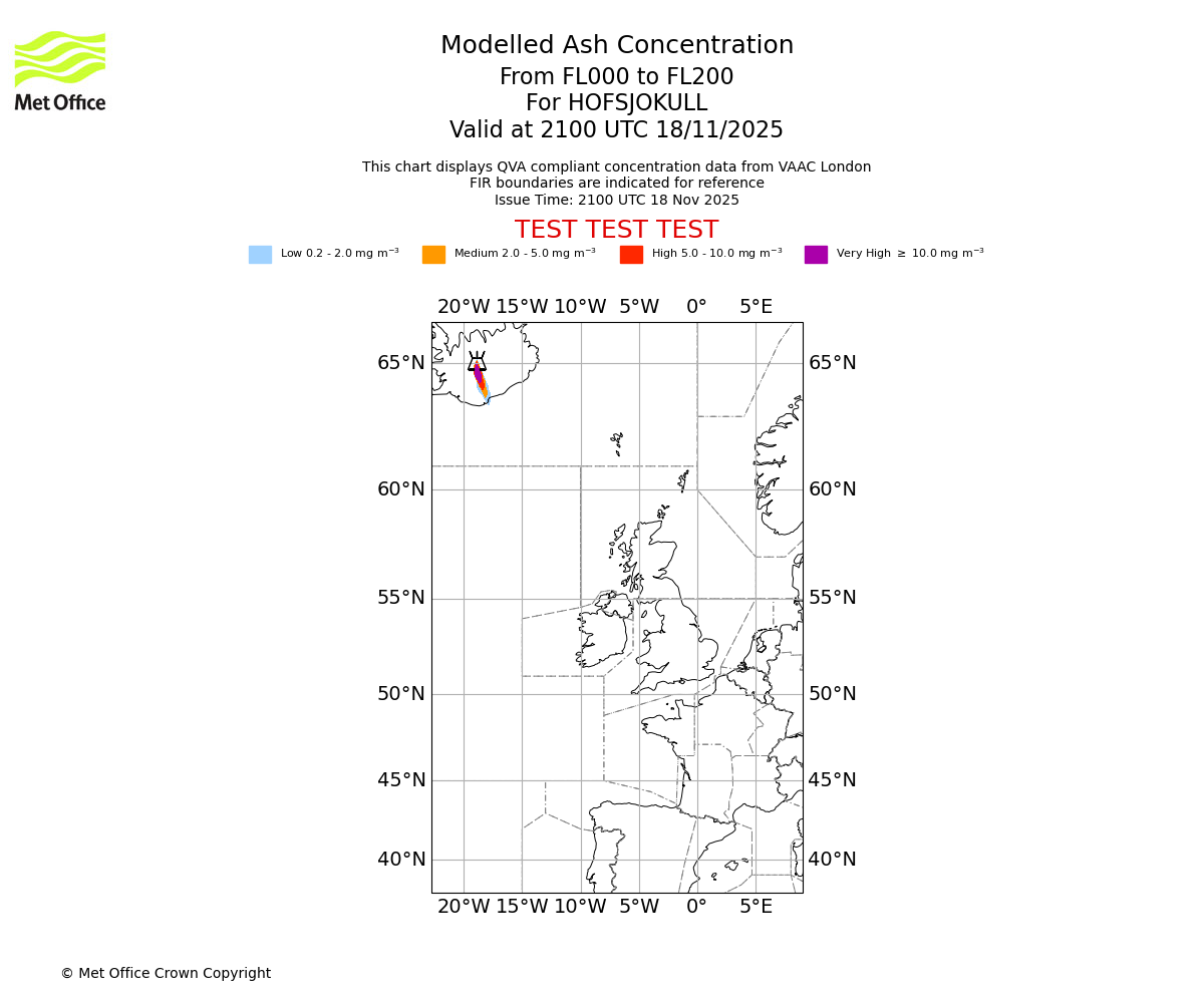 Modelled ash concentration from 000 to 200 for HOFSJOKULL. Valid at 2100 UTC 18/11/2025