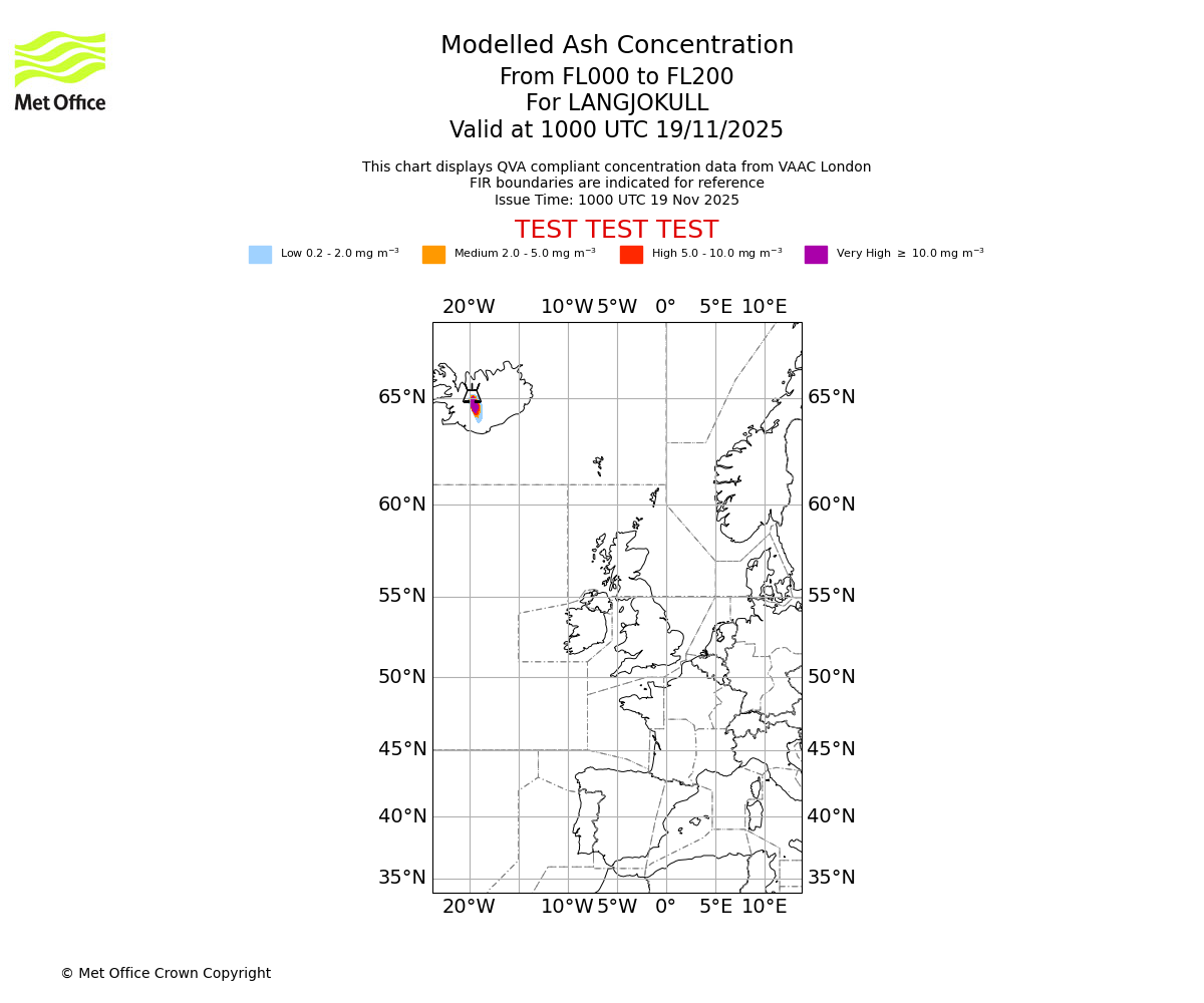 Modelled ash concentration from 000 to 200 for LANGJOKULL. Valid at 1000 UTC 19/11/2025