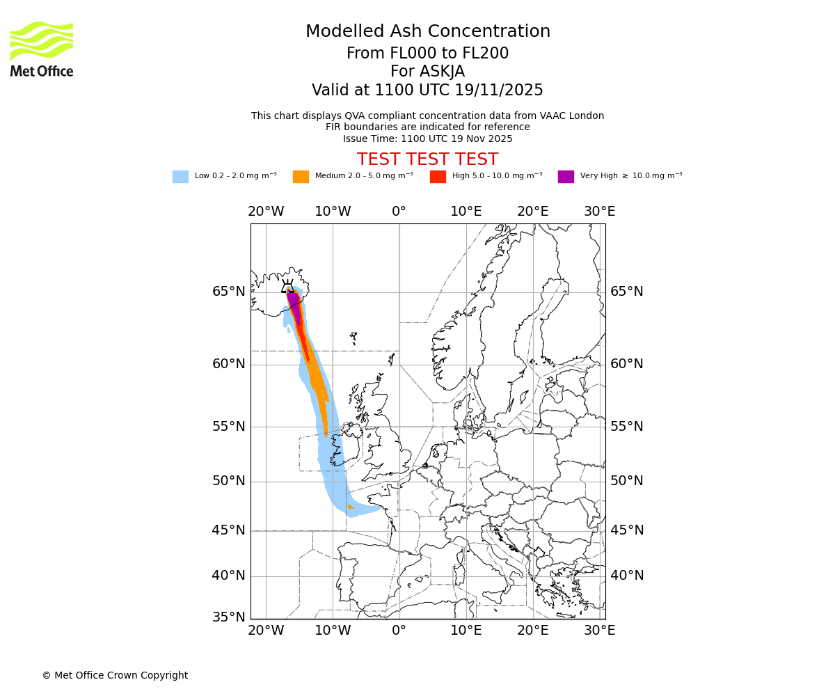 Modelled ash concentration from 000 to 200 for ASKJA. Valid at 1100 UTC 19/11/2025