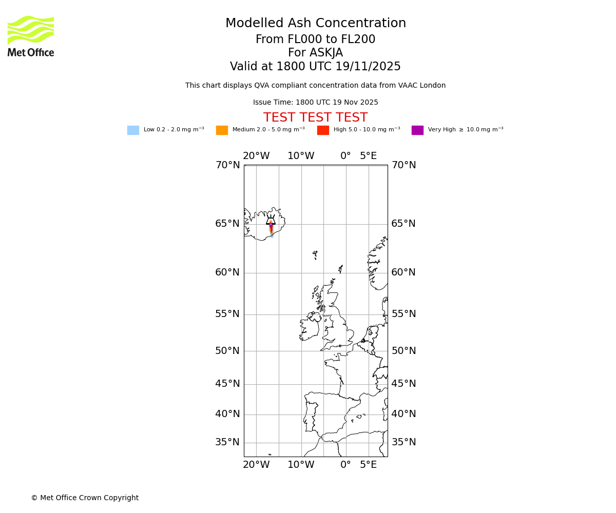 Modelled ash concentration from 000 to 200 for ASKJA. Valid at 1800 UTC 19/11/2025