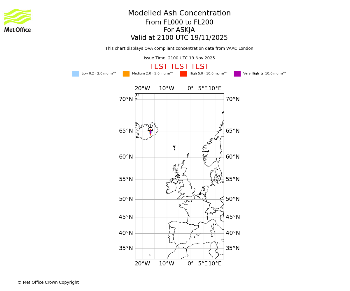 Modelled ash concentration from 000 to 200 for ASKJA. Valid at 2100 UTC 19/11/2025