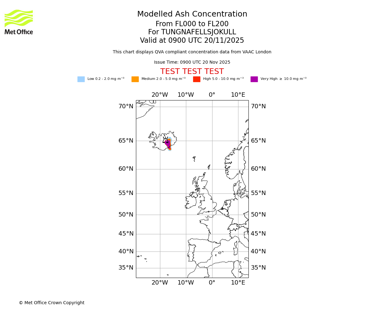 Modelled ash concentration from 000 to 200 for TUNGNAFELLSJOKULL. Valid at 0900 UTC 20/11/2025