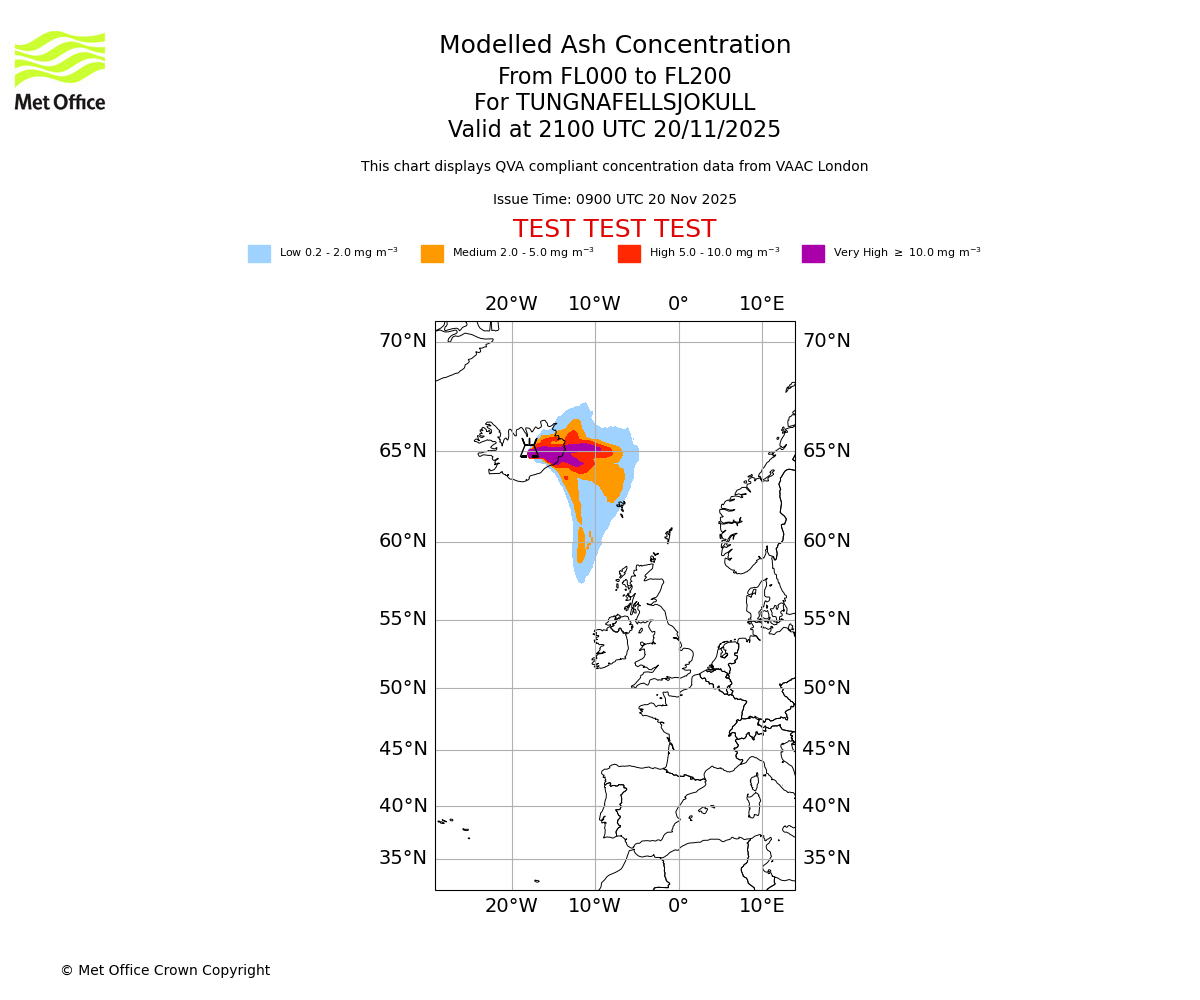 Modelled ash concentration from 000 to 200 for TUNGNAFELLSJOKULL. Valid at 2100 UTC 20/11/2025