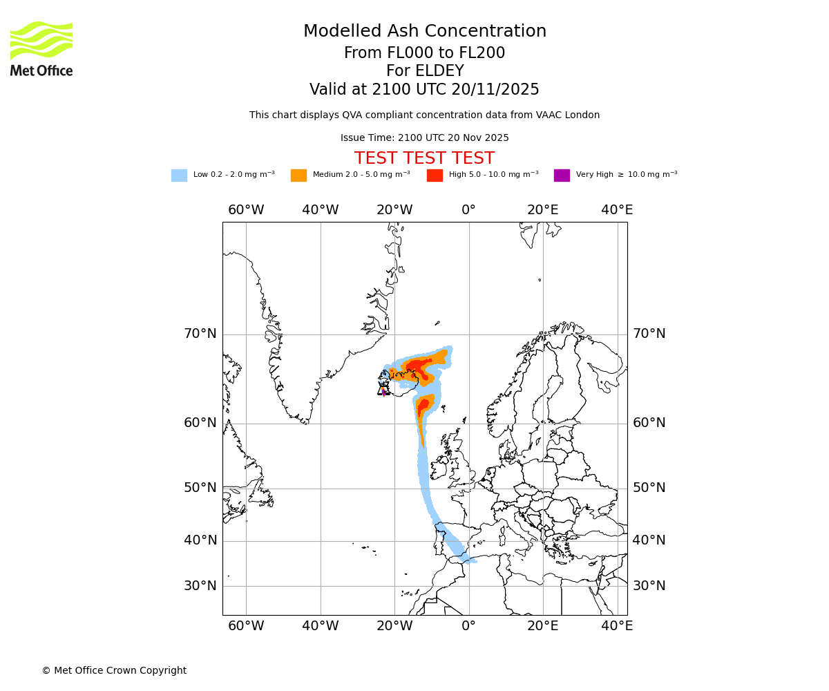 Modelled ash concentration from 000 to 200 for ELDEY. Valid at 2100 UTC 20/11/2025