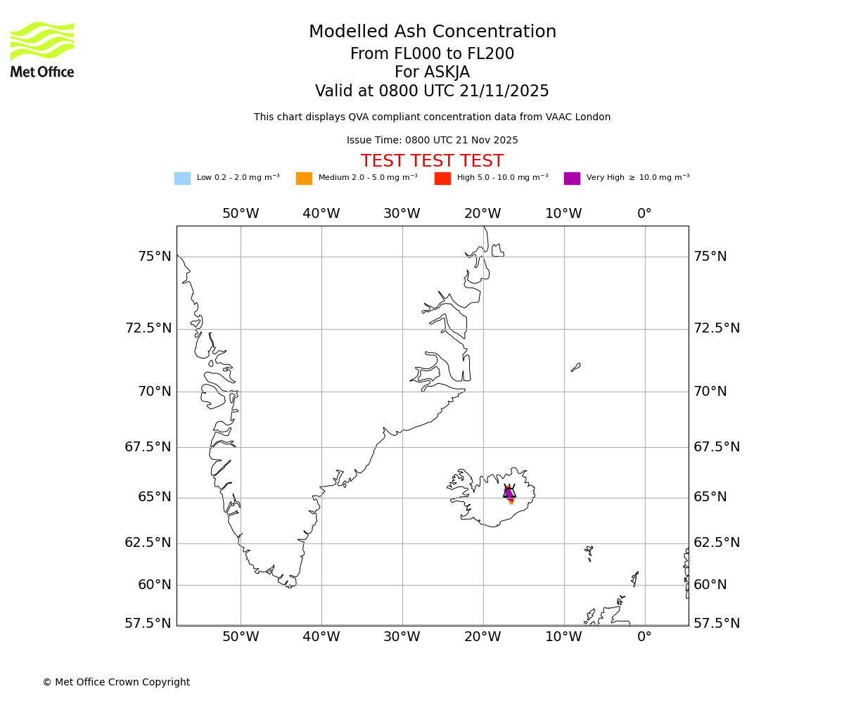 Modelled ash concentration from 000 to 200 for ASKJA. Valid at 0800 UTC 21/11/2025