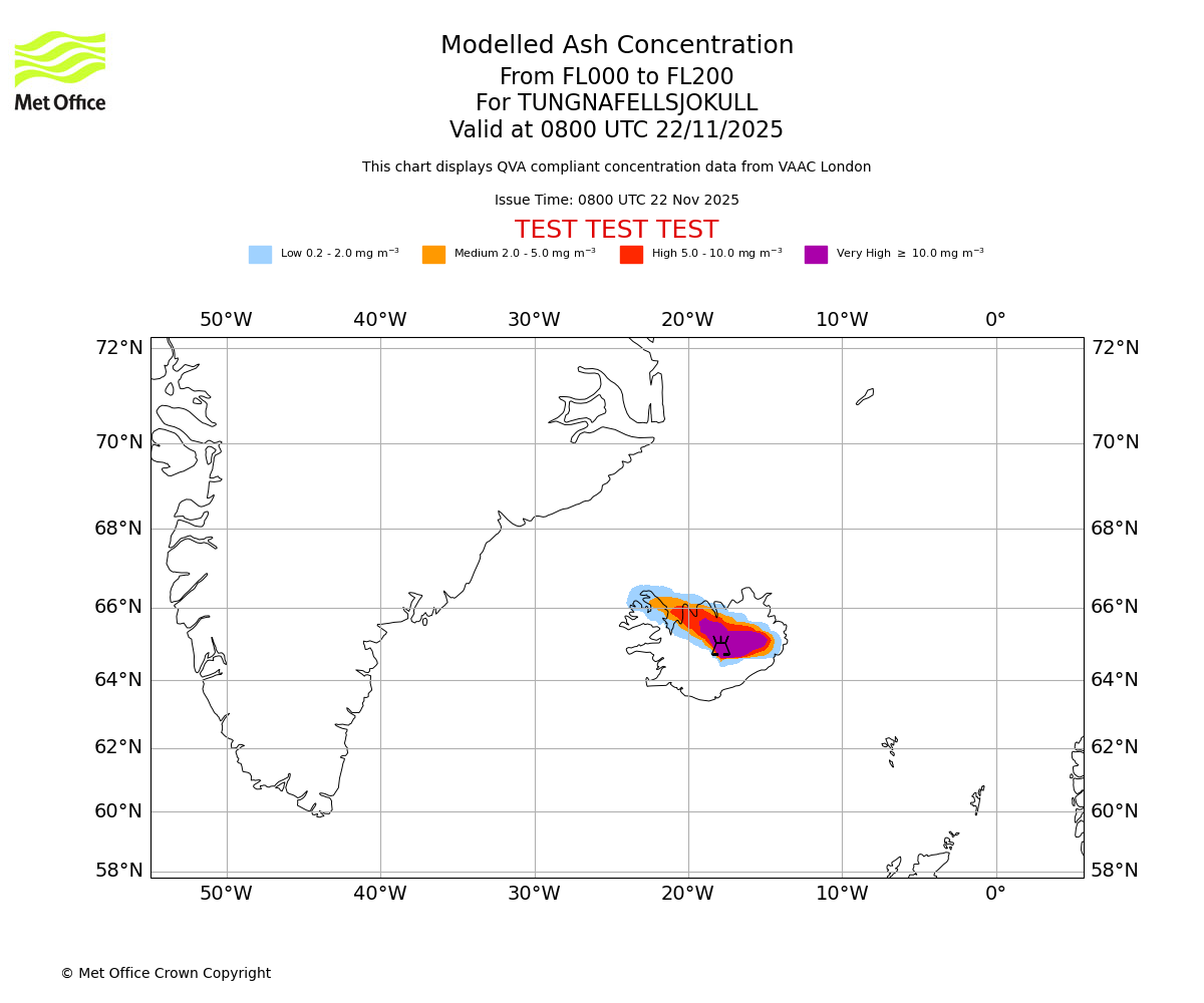 Modelled ash concentration from 000 to 200 for TUNGNAFELLSJOKULL. Valid at 0800 UTC 22/11/2025