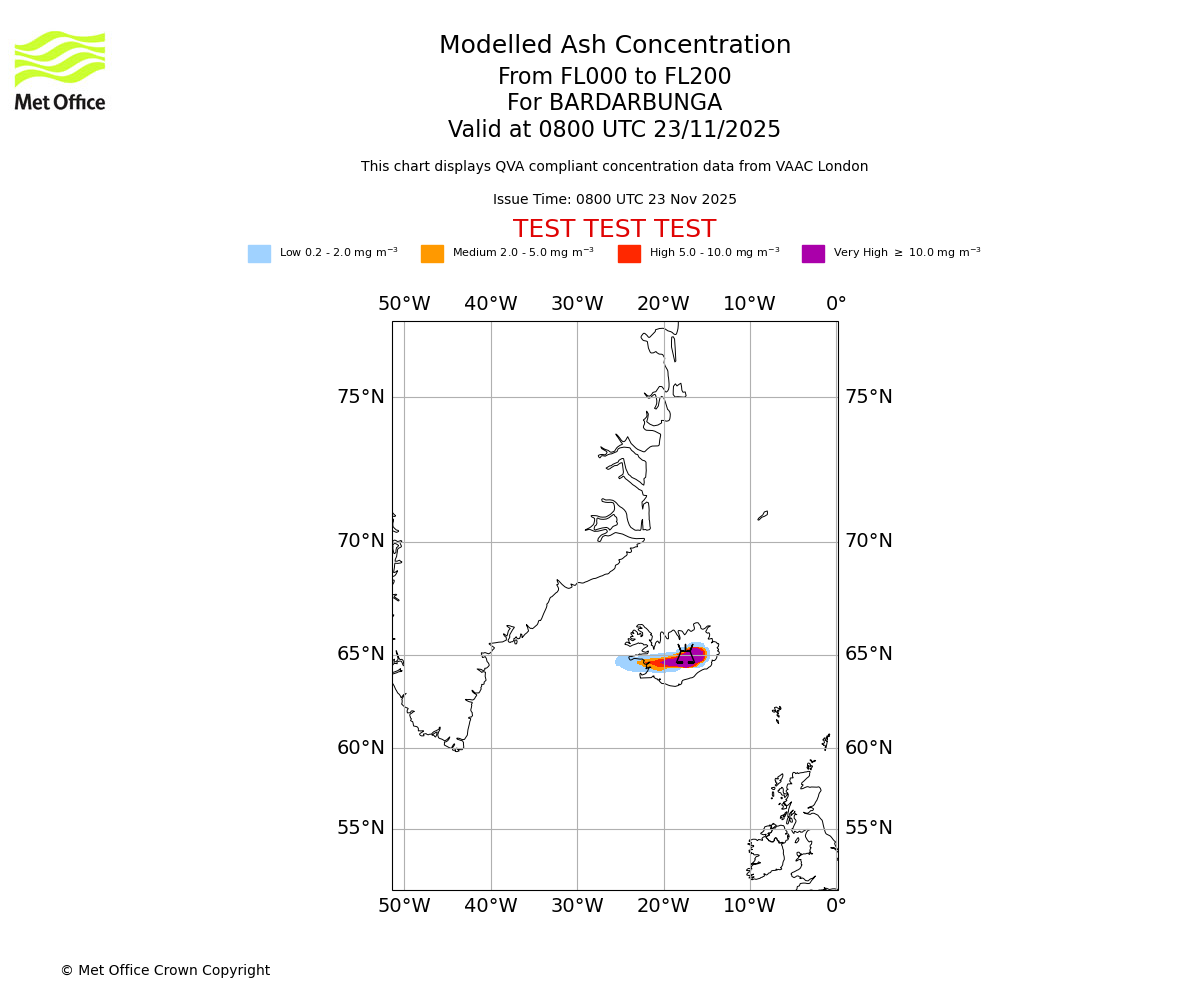 Modelled ash concentration from 000 to 200 for BARDARBUNGA. Valid at 0800 UTC 23/11/2025