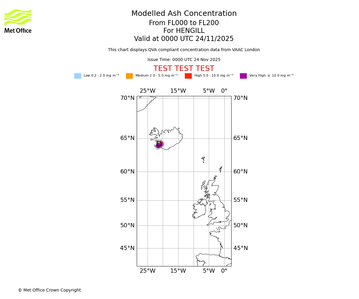 Modelled ash concentration from 000 to 200 for HENGILL. Valid at 0000 UTC 24/11/2025