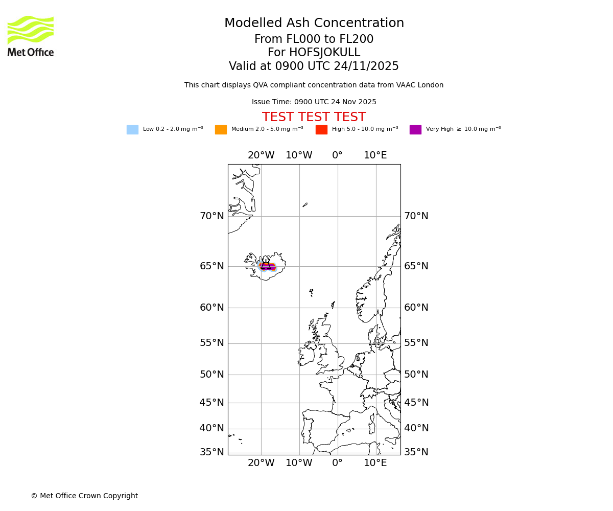 Modelled ash concentration from 000 to 200 for HOFSJOKULL. Valid at 0900 UTC 24/11/2025