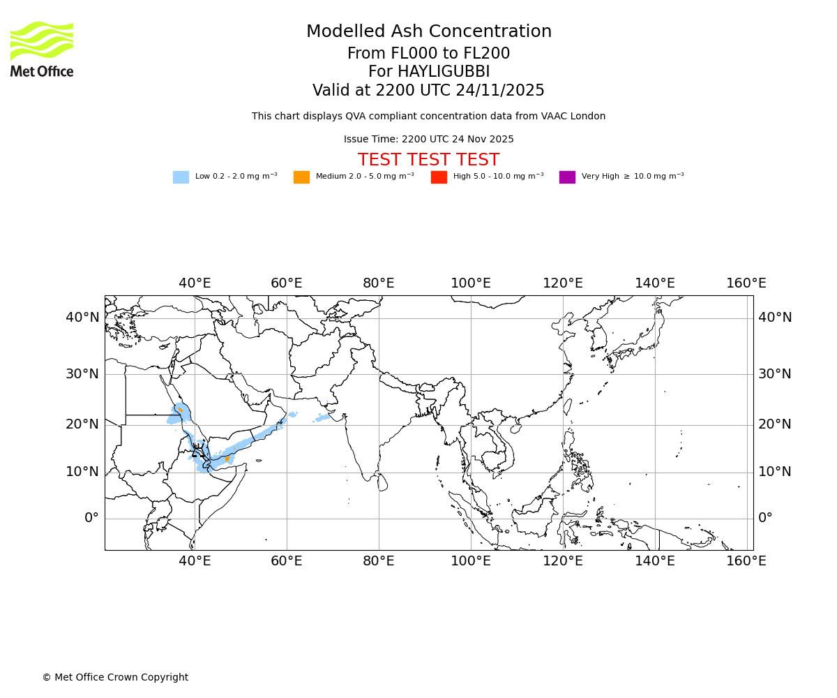 Modelled ash concentration from 000 to 200 for HAYLIGUBBI. Valid at 2200 UTC 24/11/2025