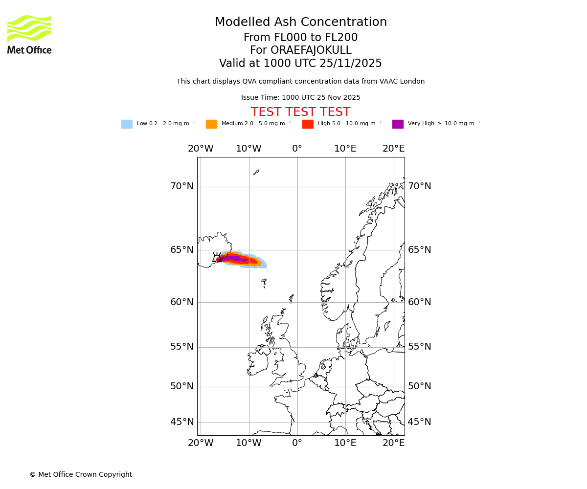 Modelled ash concentration from 000 to 200 for ORAEFAJOKULL. Valid at 1000 UTC 25/11/2025
