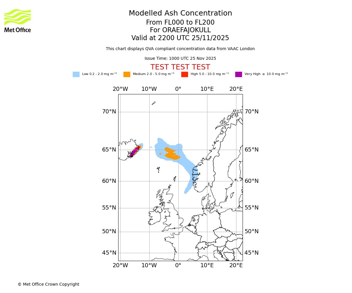 Modelled ash concentration from 000 to 200 for ORAEFAJOKULL. Valid at 2200 UTC 25/11/2025
