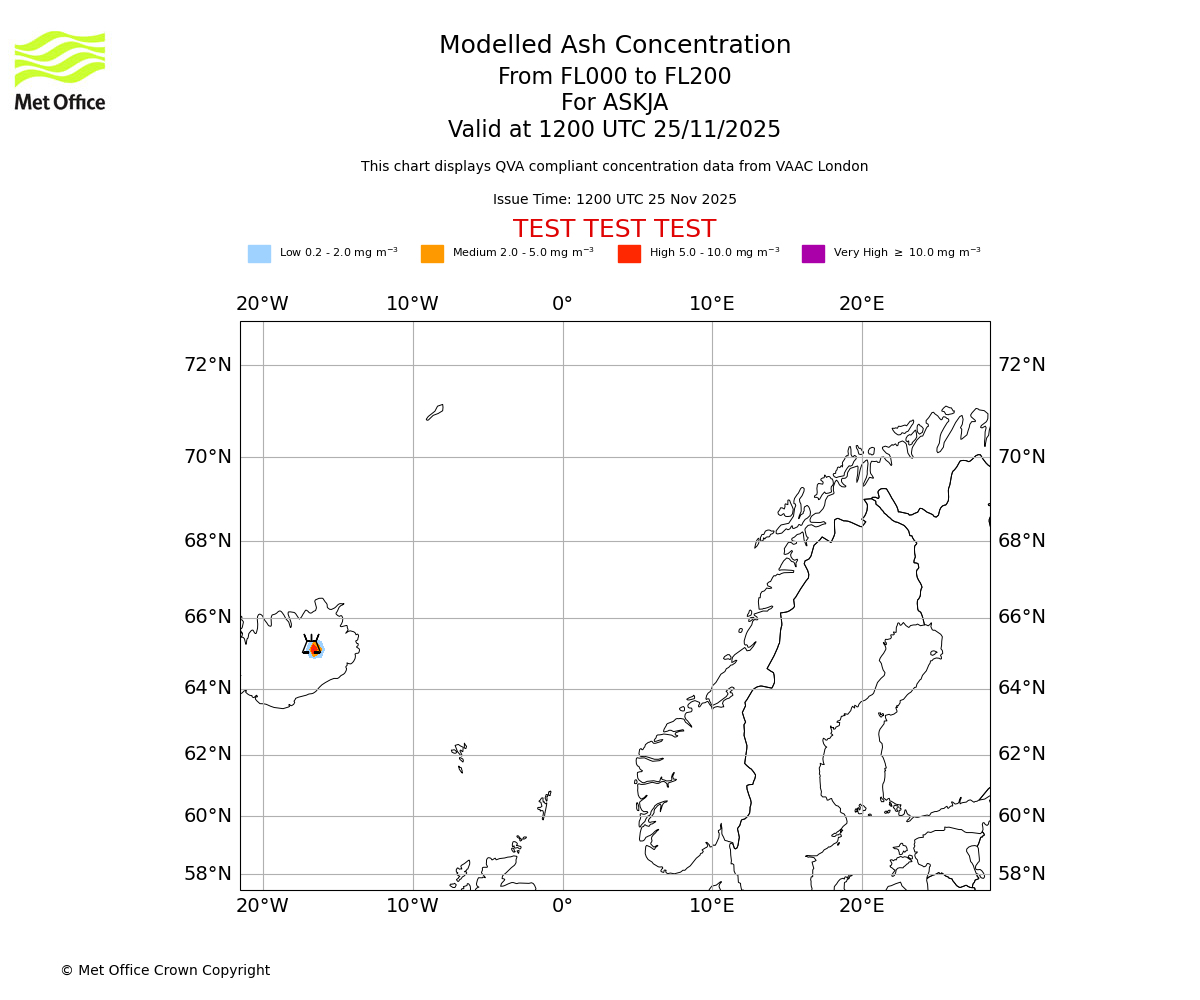 Modelled ash concentration from 000 to 200 for ASKJA. Valid at 1200 UTC 25/11/2025