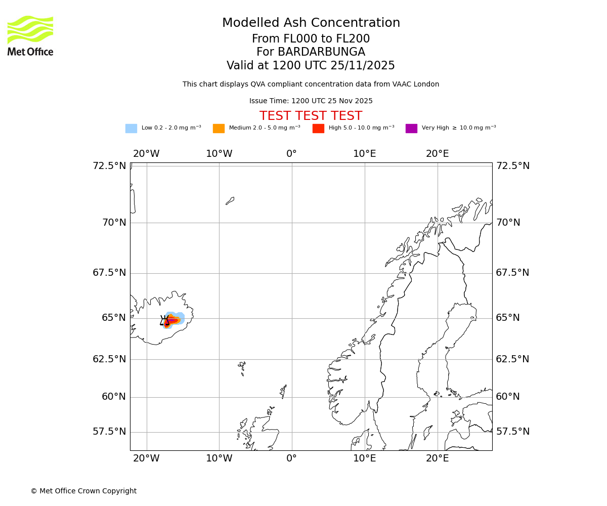 Modelled ash concentration from 000 to 200 for BARDARBUNGA. Valid at 1200 UTC 25/11/2025