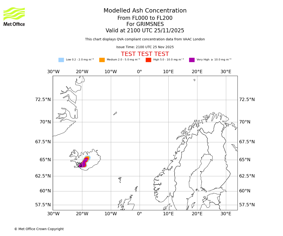 Modelled ash concentration from 000 to 200 for GRIMSNES. Valid at 2100 UTC 25/11/2025