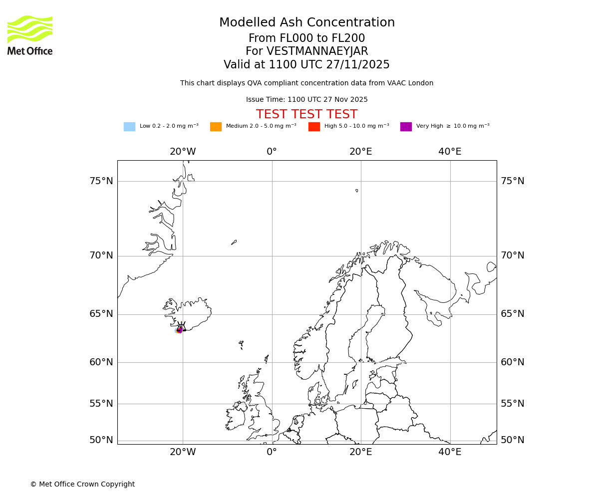Modelled ash concentration from 000 to 200 for VESTMANNAEYJAR. Valid at 1100 UTC 27/11/2025