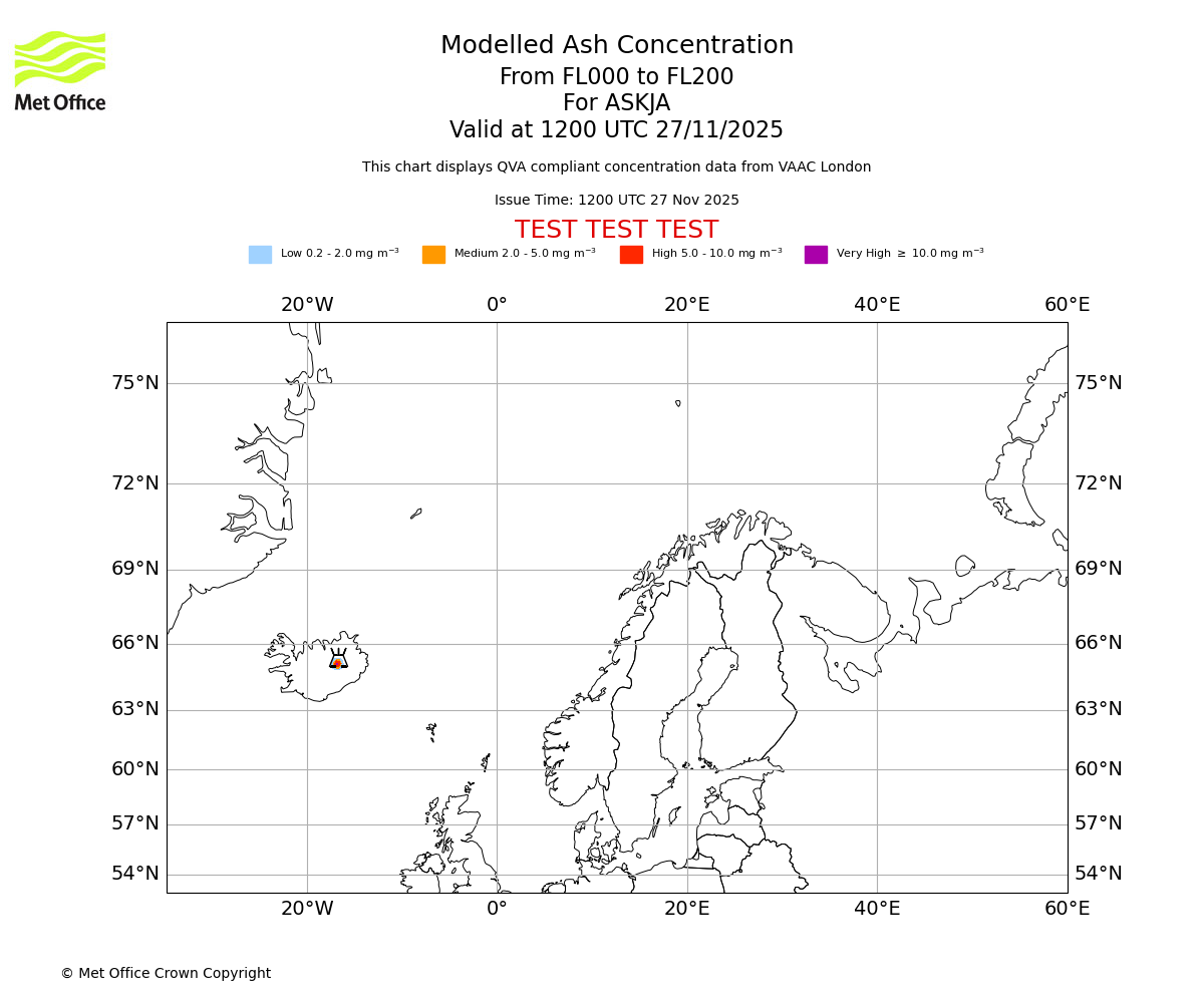 Modelled ash concentration from 000 to 200 for ASKJA. Valid at 1200 UTC 27/11/2025