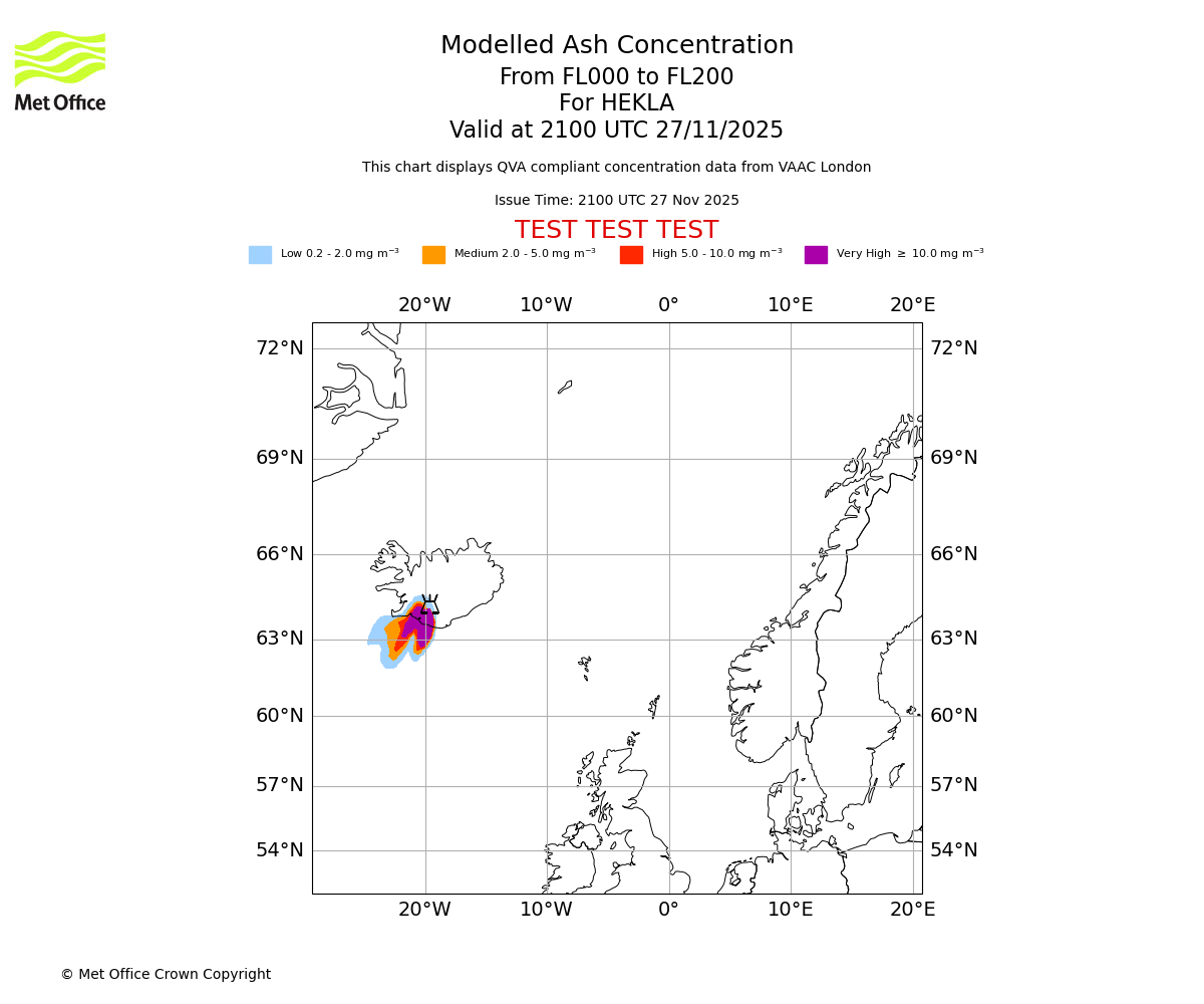 Modelled ash concentration from 000 to 200 for HEKLA. Valid at 2100 UTC 27/11/2025