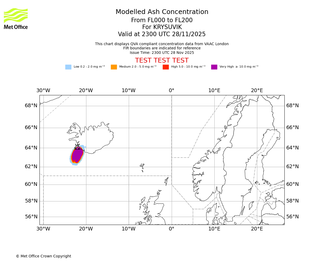 Modelled ash concentration from 000 to 200 for KRYSUVIK. Valid at 2300 UTC 28/11/2025
