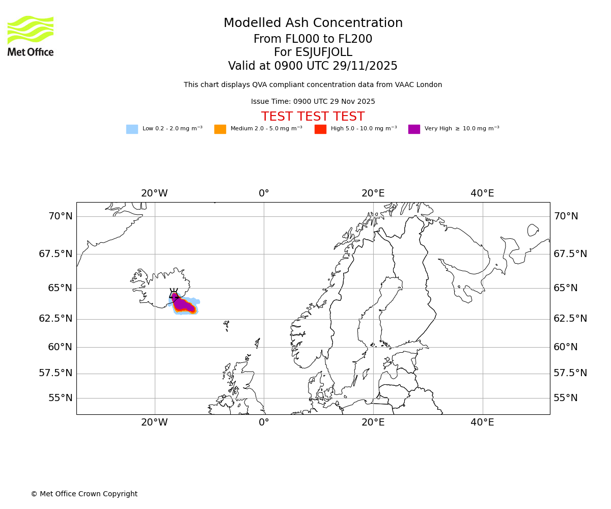 Modelled ash concentration from 000 to 200 for ESJUFJOLL. Valid at 0900 UTC 29/11/2025