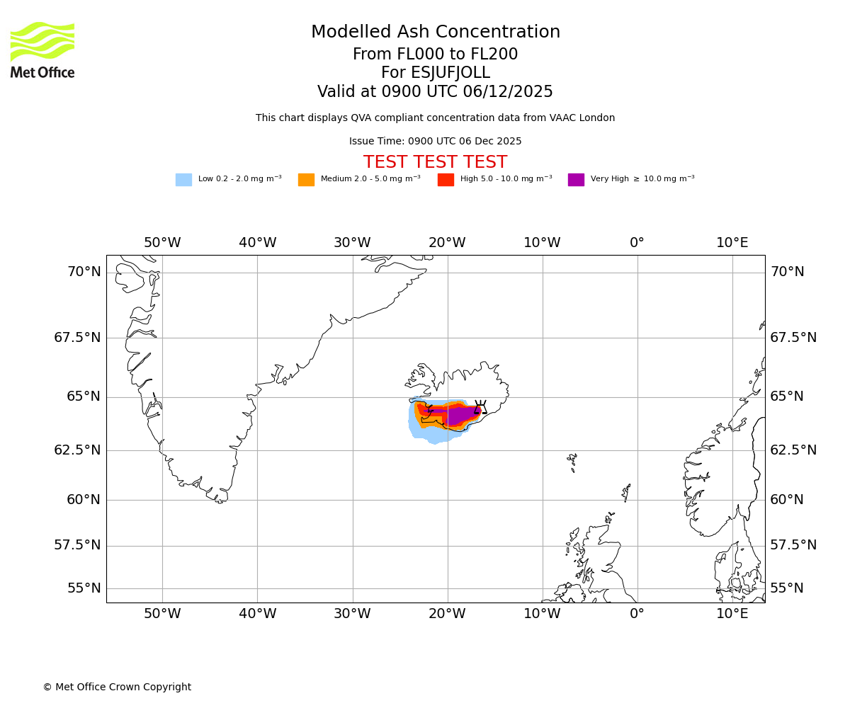 Modelled ash concentration from 000 to 200 for ESJUFJOLL. Valid at 0900 UTC 06/12/2025