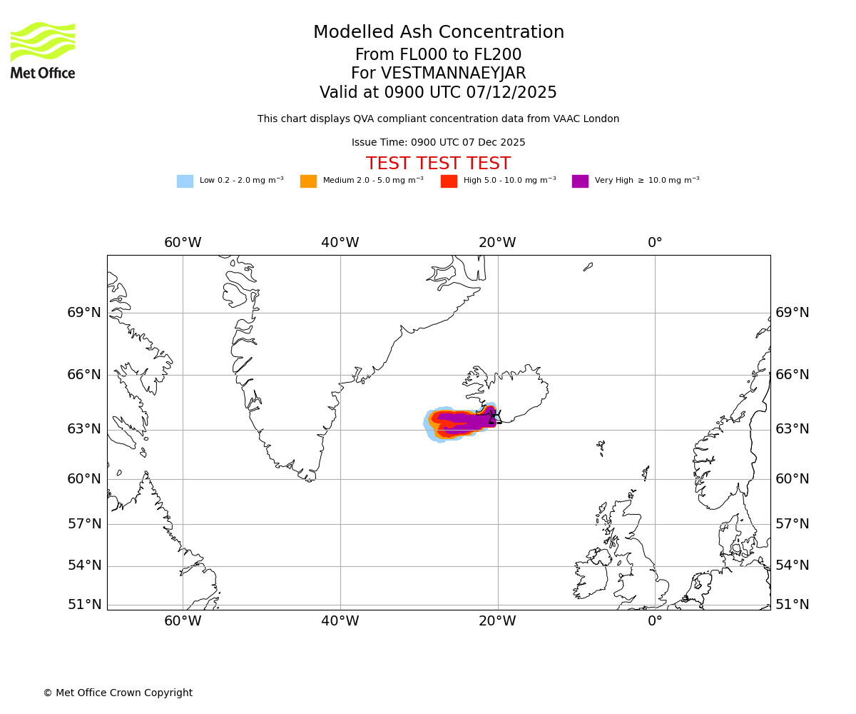 Modelled ash concentration from 000 to 200 for VESTMANNAEYJAR. Valid at 0900 UTC 07/12/2025