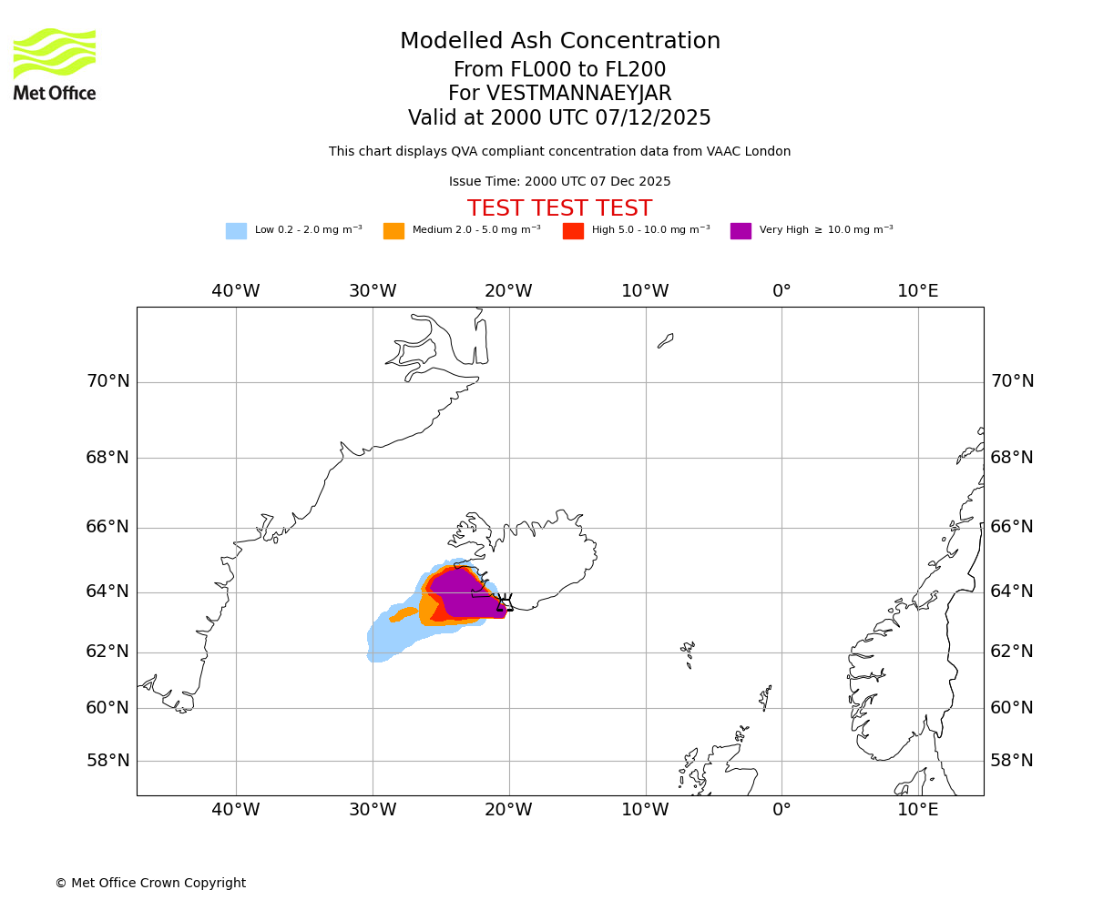 Modelled ash concentration from 000 to 200 for VESTMANNAEYJAR. Valid at 2000 UTC 07/12/2025